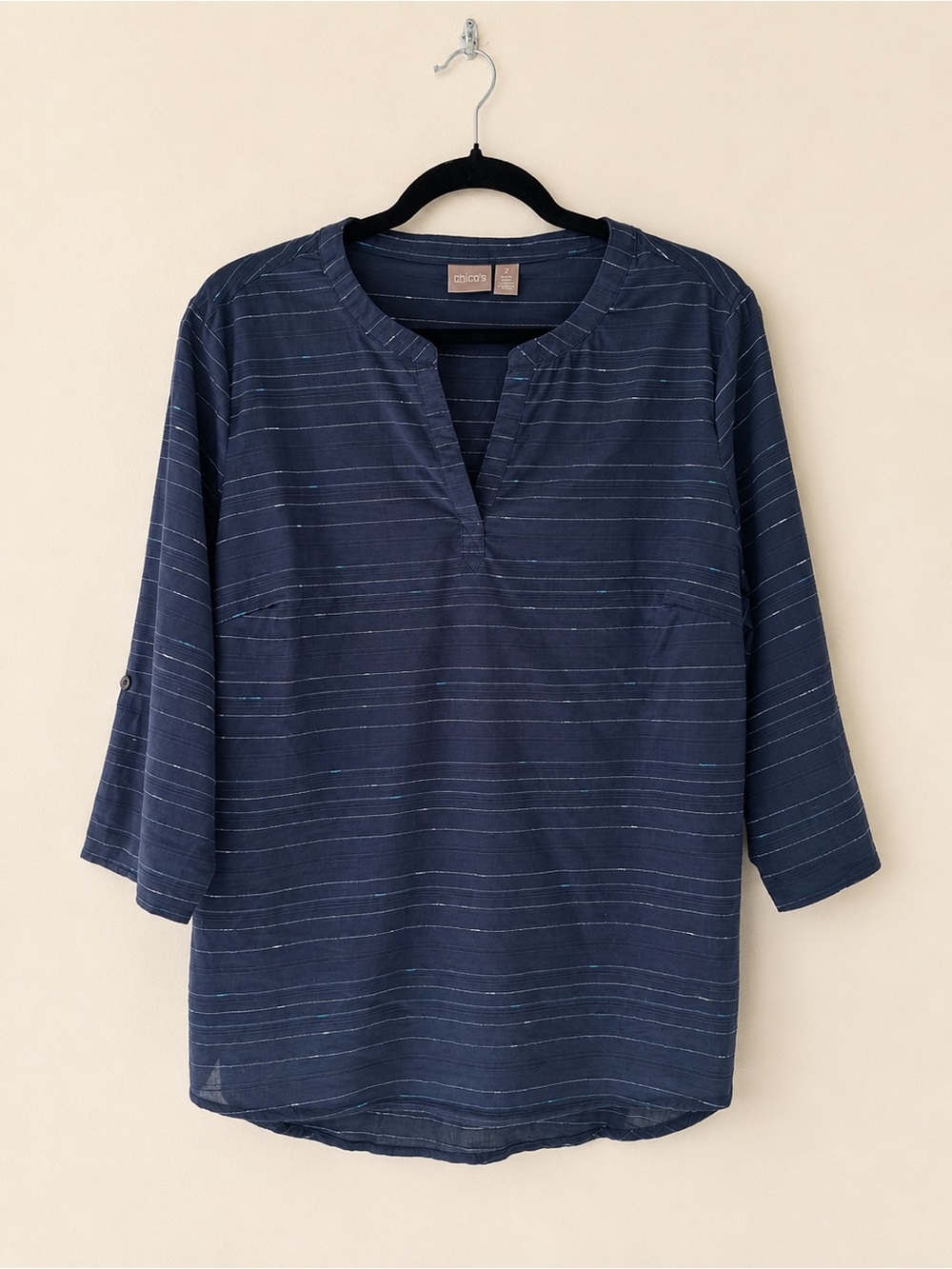 Chico’s Navy Striped Cotton Tunic Blouse Roll Tab Sleeve Size 2